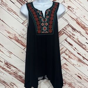 NWT About A Girl Black Sleeveless Blouse with Red and teal boho Embroidery